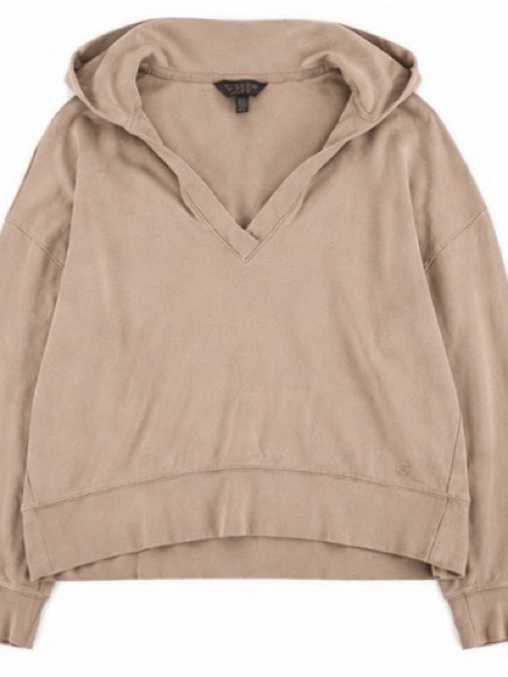Danskin Women's V-Neck Hooded Cropped Sweater in Tan